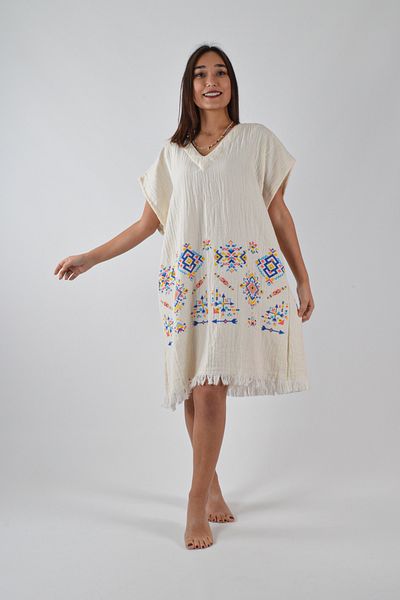 REİNA TEKS Rochie de muselina cu decolteu in V cu model Kilim 1 bucată rochie caftan de plajă
