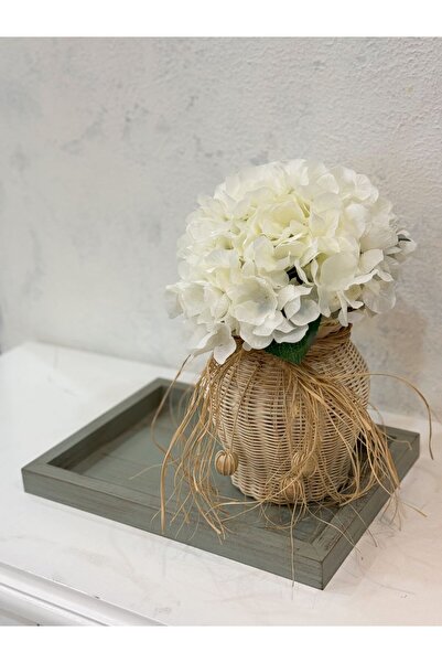 Maison Avf Set de 3 tavă din lemn de culoare lime, vază din ratan și floare artificială de hortensie