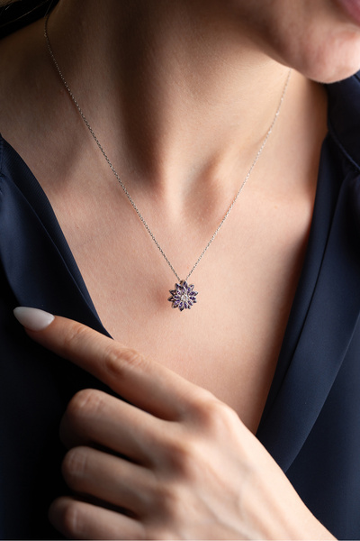 Silvano Jewelry 925 Ayar Gümüş Zirkon Mor Taşlı Lotus Kolye