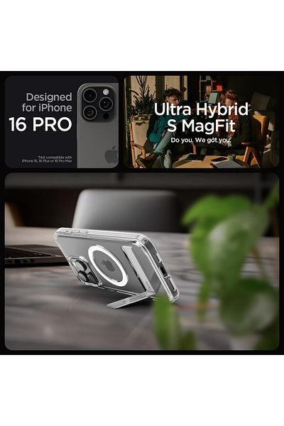 Spigen Ultra Hybrid S MagFit for iPhone 16 PRO case with Kickstand - Crystal Clear