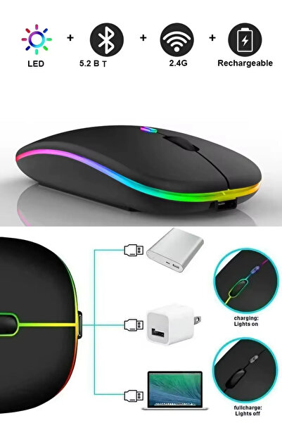 Everest Grup Kablosuz Wireless 2.4g Bluetooth Sessiz Mouse Şarj Edilebilir Rgb Renkli Ergonomik Tasarımlı