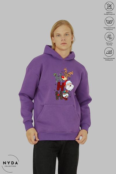 Nyda Collections Унисекс суичър с коледна щампа - дълъг ръкав, качулка, голям памучен суичър