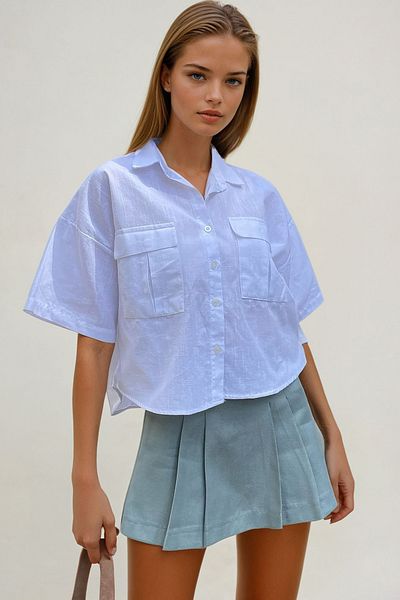 VAGGON Women's White Double Pocket Half Sleeve Linen Shirt Vgn-X9991