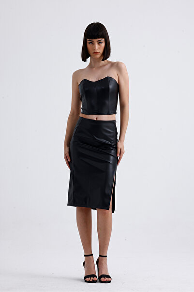 Sense Black Faux Leather Stretchy Waist Pencil Skirt - Etk35949