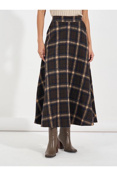 Styli Plaid Checked A-Line Midi Skirt