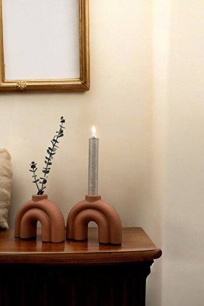 tambana Dekoratif Mumluk Set Şamdan El Yapımı Terracotta Renk Model 43