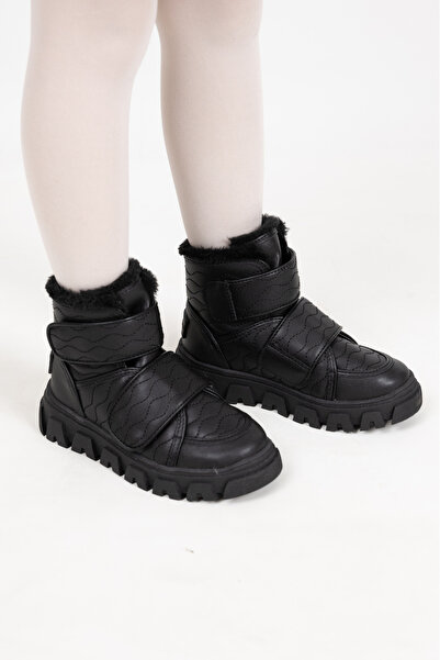 kids A more Annabel Embroidery Detailed Girl's Boots with Plush Fur Inside and Double Crisp Black