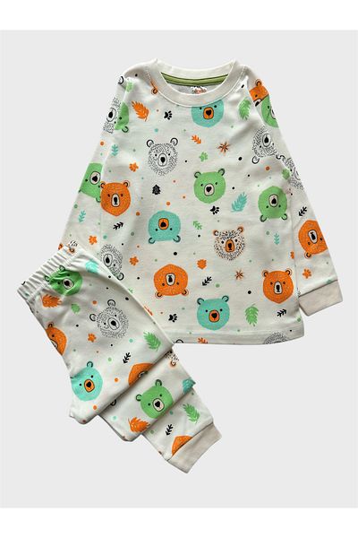 elmas kids Boys' 100% Cotton White Teddy Bear Print Long Sleeve Winter Pajamas Set