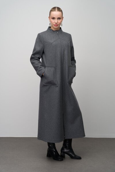 Olcay Stone Detailed Large Size Wool Blended Long Cap Anthracite 6634