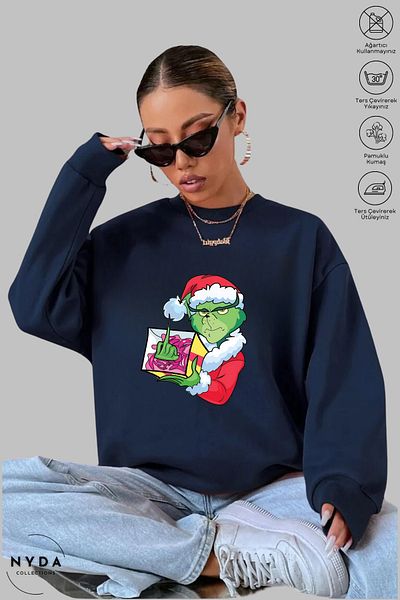 Nyda Collections Коледа и Нова година с принт на Grinch - унисекс голям суичър без качулка с дълъг ръкав