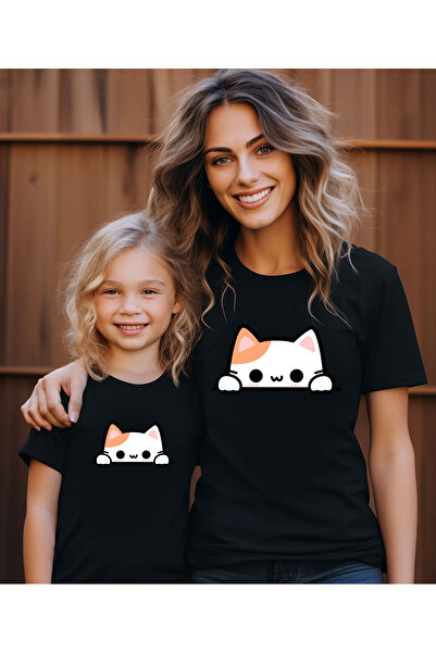 ASELİNDA تي شيرت مطبوع عليه قطة للأم والابنة - مفرد، قطعتين، أضف في السلة لصن...