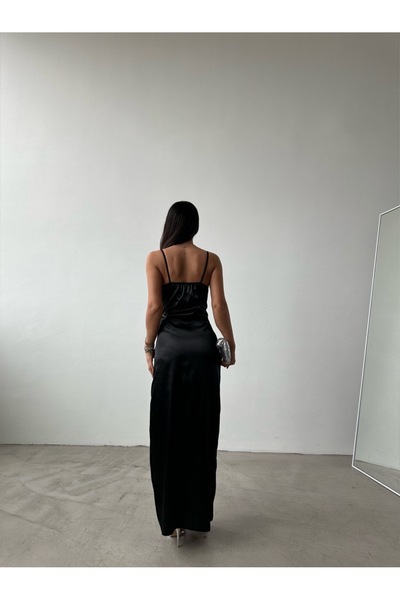 novalook Kadın Askılı Yırtmaçlı Belden Oturtmalı Uzun Saten Davet Elbisesi