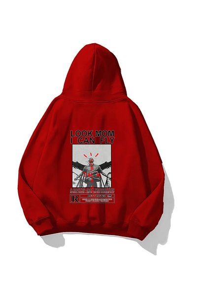 The Champ Clothing Унисекс червен суичър с качулка Oversize - щампа Mom I Can Fly