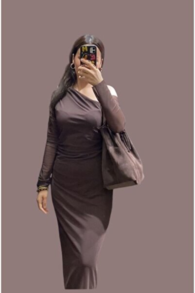 bostancı Acı Kahve  Tek Omuz Drapeli Astarlı Tül Elbise