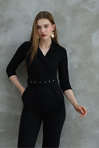 lovebox Kemer Hediyeli Ceket Yaka Cep Detaylı Uzun Kollu Siyah Abiye Tulum 32044