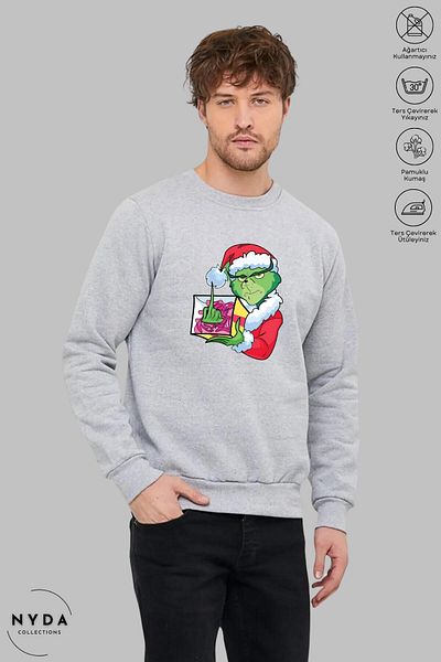 Nyda Collections Коледа и Нова година с принт на Grinch - унисекс голям суичър без качулка с дълъг ръкав