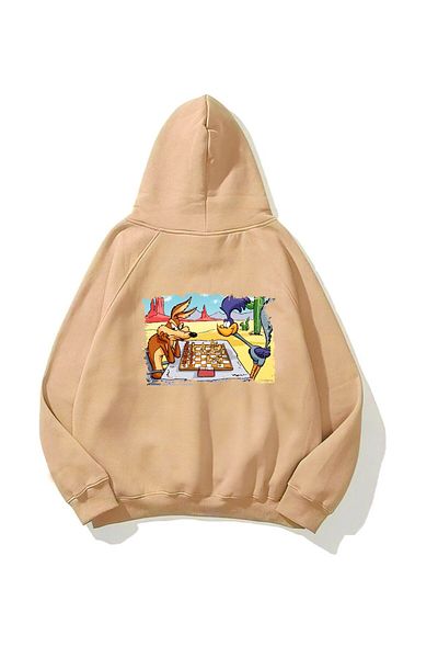 The Champ Clothing Φούτερ με κουκούλα Fleece Chess Cartoon με στάμπα μπεζ Unisex Oversize φούτερ με κουκούλα