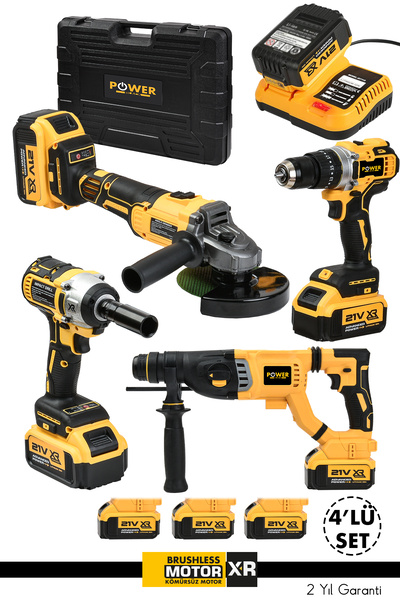 POWER BLACK 4'lü Set Akülü Hılti Vidalama Taşlama Ve Somun Sıkma Makinesi Sarı
