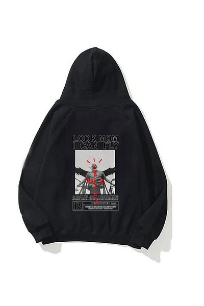 The Champ Clothing Унисекс черен суитшърт с качулка и полар полар с щампа „Мамо, мога да летя“