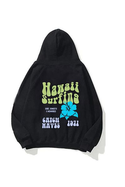 The Champ Clothing Унисекс суитшърт с качулка и хавайски принт, черен, голям размер