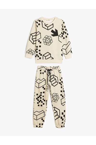 Koton 2-Piece Tracksuit Set - Print Detail, Long Sleeve, Rubber Waist, Raised Bottom