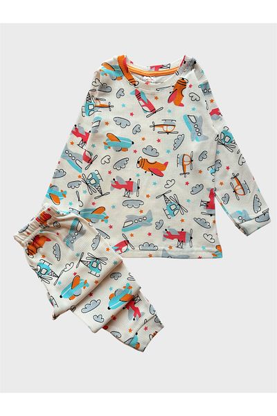 elmas kids Boys' Cotton Ribbed White Airplane Helicopter Cloud Pattern Seasonal Long Sleeve Pajamas Set