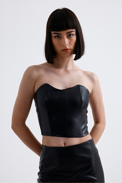 Sense Black Faux Leather Zippered Bustier - Bust34504