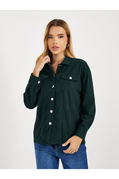 Styli Relaxed Fit Corduroy Shirt with Metal Button