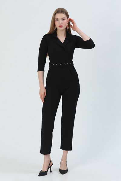 lovebox Salopetă de seară neagră cu guler de jachetă din material textil pentru scufundări flexibile 32044