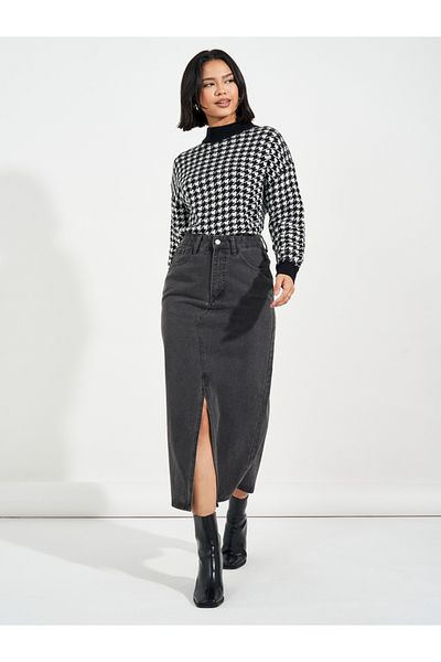 Styli High Rise Straight Hem Midi Skirt with Front Slit