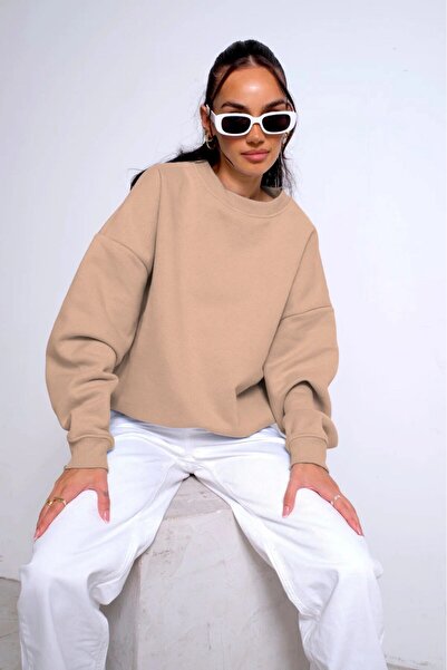 The Champ Clothing Beige Unisex Oversize Sweatshirt - Crew Neck, Fleece Design