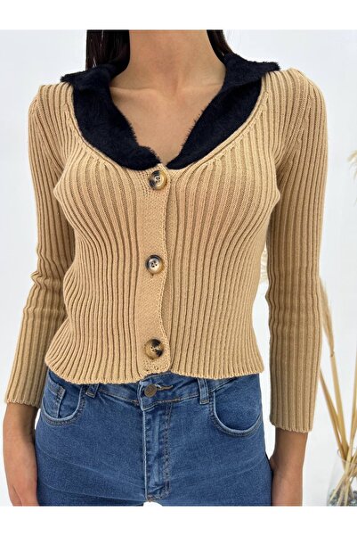 novalook Pulover tricotat cu nasturi și detaliu de blană la guler