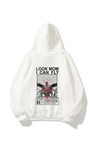 The Champ Clothing Φούτερ με κουκούλα Fleece Look Mom I Can Fly με στάμπα Unisex Λευκό Oversize φούτερ με κουκούλα