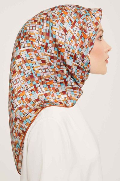 Armine Silk Scarf Nostalgia Sura 9004Ds Geometric Pattern Tile-Blue