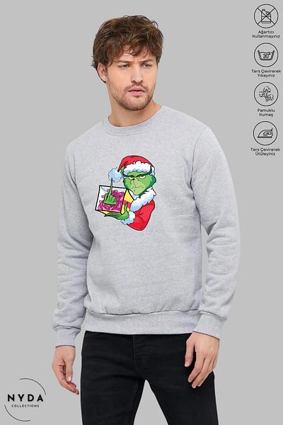 Nyda Collections Коледа и Нова година с принт на Grinch - унисекс голям суичър без качулка с дълъг ръкав