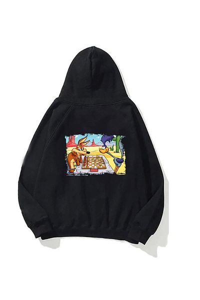 The Champ Clothing Унисекс суичър с качулка и качулка с черен полар и шах - суичър с щампи с карикатури
