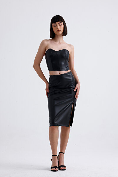 Sense Black Faux Leather Stretchy Waist Pencil Skirt - Etk35949