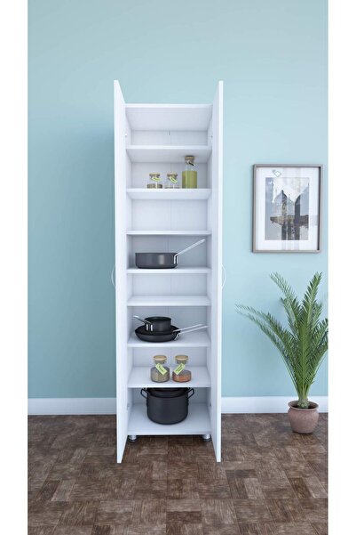 Dienni 2 Kapaklı 8 Raflı Çok Amaçlı Mutfak Dolabı, Banyo Dolabı, Çok Amaçlı Dolap, Beyaz 49x174x29 Cm