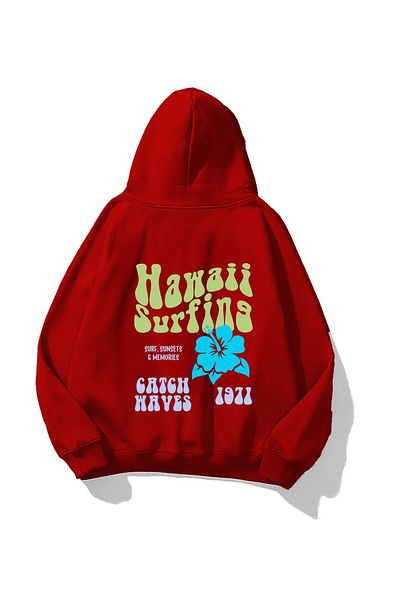 The Champ Clothing Унисекс суитшърт с качулка и червен полар с хавайски принт