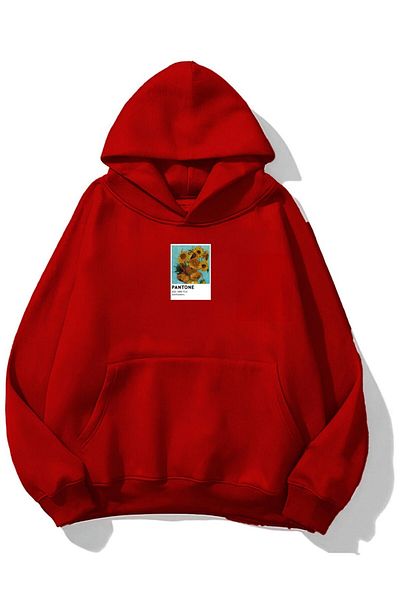 The Champ Clothing Унисекс суитшърт с качулка и щампа от червени слънчогледи - голям размер