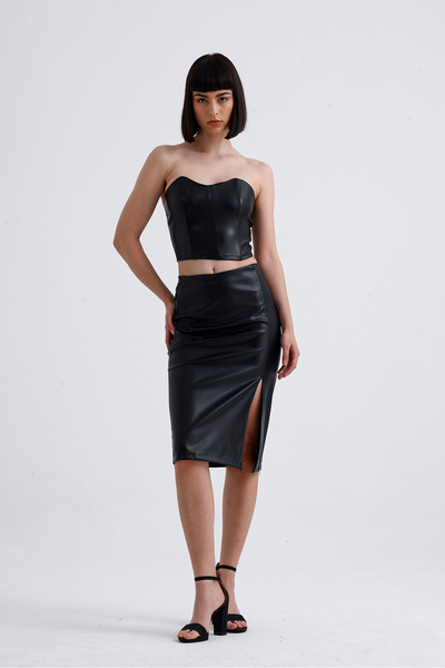 Sense Black Faux Leather Zippered Bustier - Bust34504