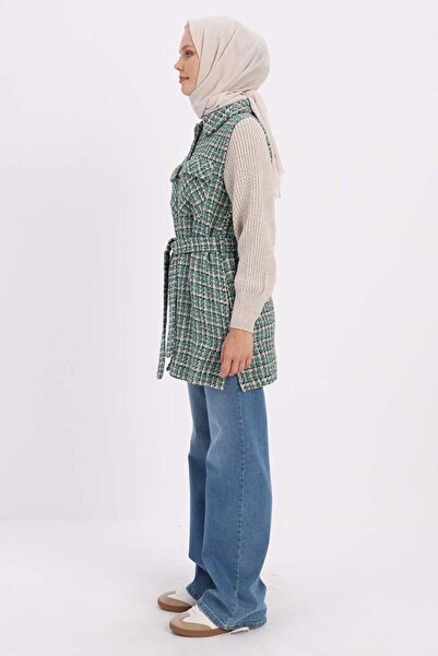 ALLDAY Green-Knitwear Garnished Belted Tweed Cardigan