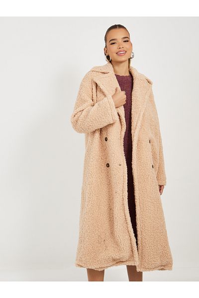Styli Oversized Midi Length Double Breasted Faux Fur Coat