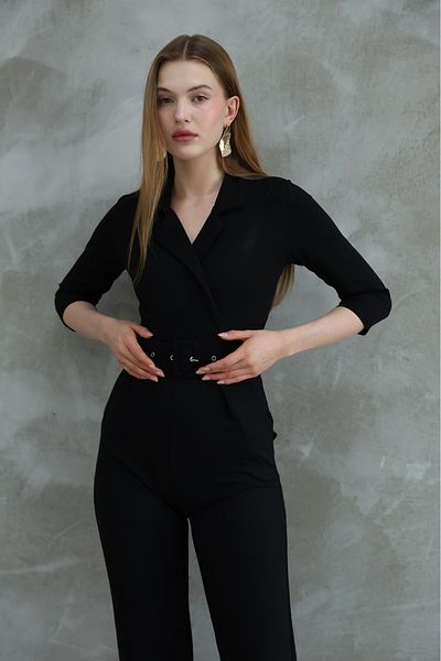 lovebox Belt Gift Jacket Collar Pocket Detailed Long Sleeve Black Evening Dress Jumpsuit 32044
