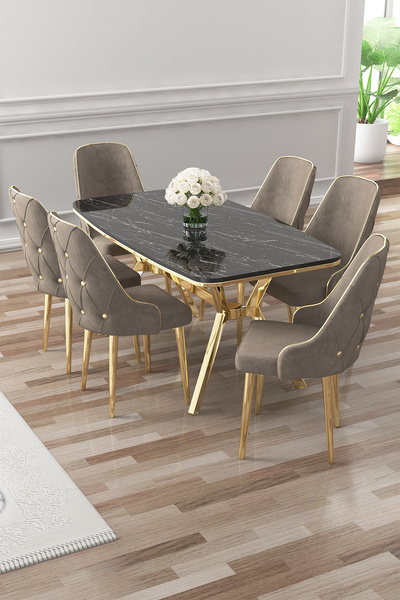 Canisa Asel Serisi 90x160 Lak Panel Siyah Mermer Desen Gold Detay Masa Takımı...