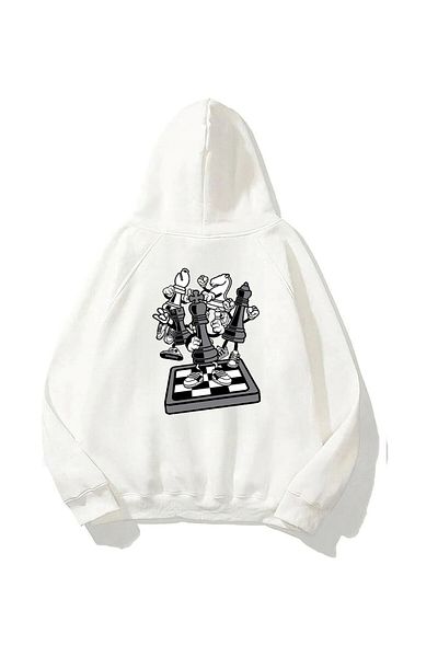 The Champ Clothing Think Printed White Unisex Oversize φούτερ με κουκούλα