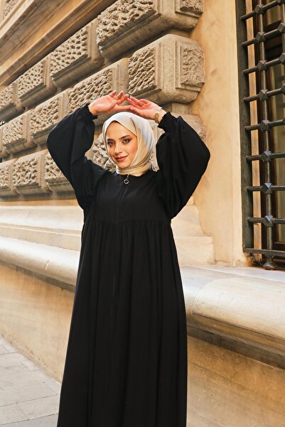 Berel Moda Roba Detaylı Balon Kollu Dökümlü Ponçik Ferace Siyah