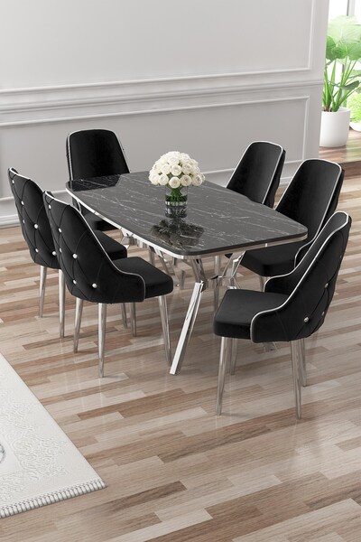 Canisa Asel Serisi 90x160 Lak Panel Siyah Mermer Desen Krom Detay Masa Takımı...