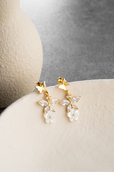 Silvano Jewelry 925 Ayar Gümüş Gold Sedefli Taşlı Küpe