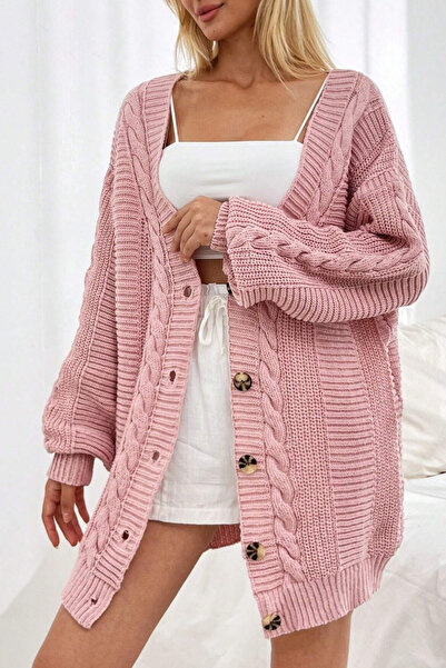 H&E LUXURY DESIGN Kadın V Yaka Oversize Pudra Triko Hırka